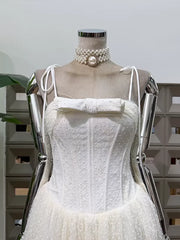Square Neck Sleeveless Tie Up Strap Bow Mesh Midi Dress