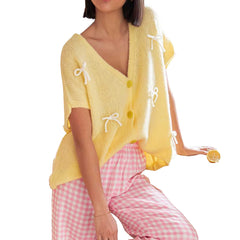 Bow V-Neck Short Sleeve Cardigan