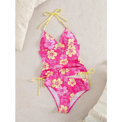 Pink Floral Bead Halter Side Lace Up Bathing Suit Bikini Set