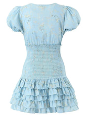 Blue Smocked Floral Printed Short Sleeve Mini Dress