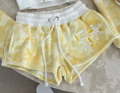 Camouflage Zipper Crop Hoodie, Tube Top, And Shorts, Sweatpants Set