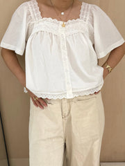 Embroidery Square Neck Button Up Blouse