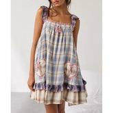 Plaid/Floral Print Sleeveless Lace Ruffle Babydoll Mini Dress