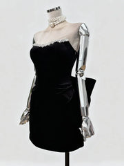 Black Diamonds Trim Velvet Strapless Bowknot Mini Dress