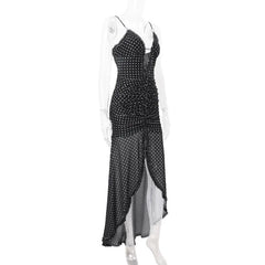 Black Polka Dot Split Ruched Midi Dress