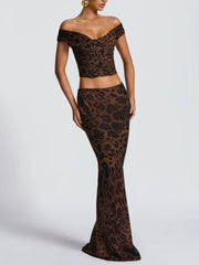Leopard Print Off Shoulder Crop Top And Maxi Skirt Set