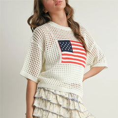 American Flag Print Knit Crochet Top