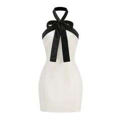 White Solid Black Bow Strap Mini Dress