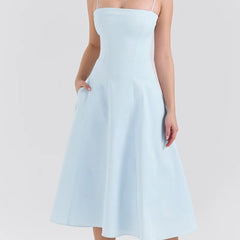 Solid Straight Neck Cami Strap Midi Dress