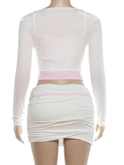 Two Tone Ruched Long Sleeve Crop Top And Bodycon Mini Skirt Set