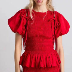 Red Short Puff Tie Up Removable Sleeve Smocked Top