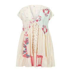 Floral Print Patchwork Deep V-Neck Puff Sleeve Short Dress