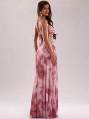 Pink Tie-Dye Mesh Halter Metal Ribbon Maxi Dress