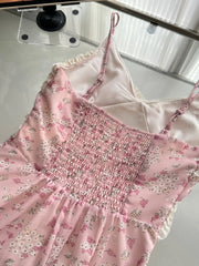 Pink Printed Frill Strap Midi Dress