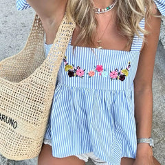 Blue Striped Floral Embroidery Tie Up Top