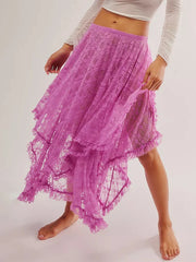 Lace Ruffle Sheer Asymmetrical Hemline Midi Skirt