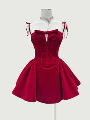 Velvet Folded Flare Bow Tie Mini Dress