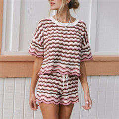 Wavy Stripe Knit Cropped Top and Drawstring Shorts Set