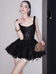 Flower Embroidery Jacquard Puffy A-line Mini Dress
