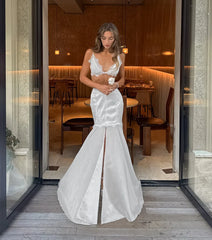 White Satin Lace Trim Bralette And Maxi Skirt Set