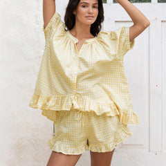 Gingham Plaid Ruffle Babydoll Button Down Shirt And Shorts Set