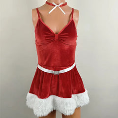Red Velvet Santa Spaghetti Strap White Furry Hem Mini Dress