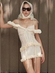 Ruffle Strap Lace Up Mesh Mini Bodycon Dress