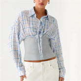Plaid Button Down Waistband Splicing Blouse