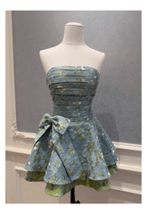 Blue Floral Folds Strapless Mini Dress