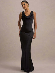 Satin Cowl Neck Backless Maxi Dress
