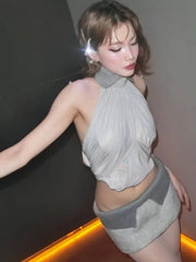 Crochet Mesh Patchwork Turtleneck Crop Tops And Mini Skirt Set