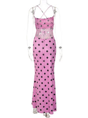 Pink Polka Dot Spaghetti Strap Lace-up Long Dress