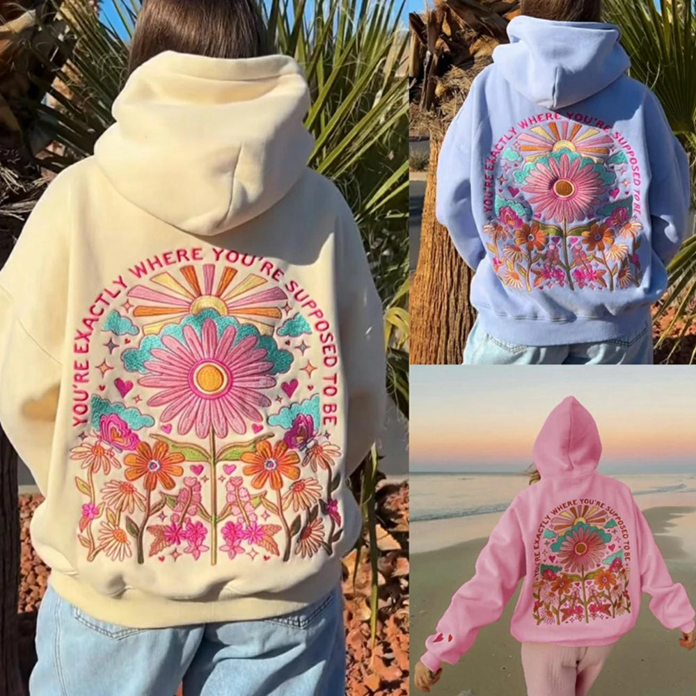 Women's floral letter embroidered hoodie with a loose fit.