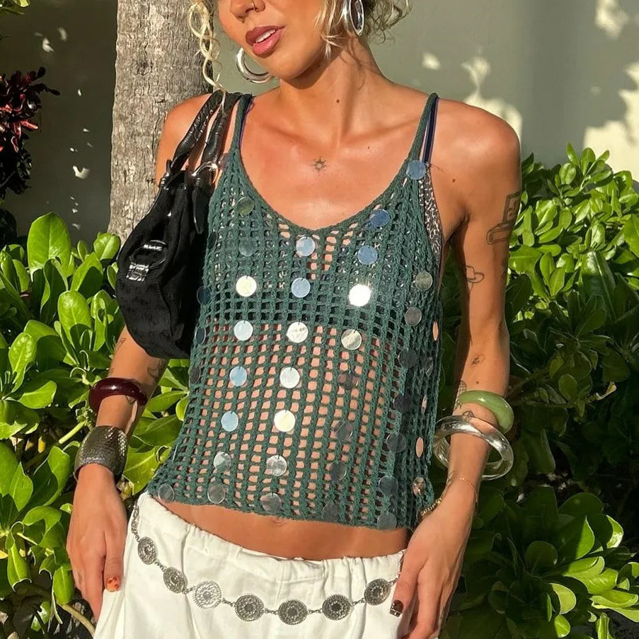 Women's green knit sequin tank top with a short length.