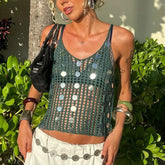 Women's green knit sequin tank top with a short length.