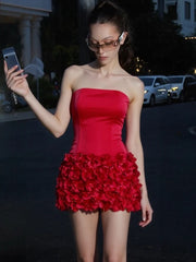 Red Satin Corset Top And 3d Flower Mini Skirt Set