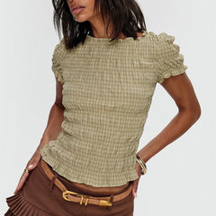 Smocked Short Sleeve Top - V-Neck Casual Tee