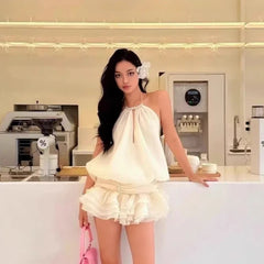 Halter Backless Top And Low Waist Ruffle Skirts Set