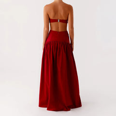 Red Waist Cutout Metal Buckle Tube Long Dress