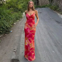 Floral Print Deep V Neck Sleeveless Maxi Dress
