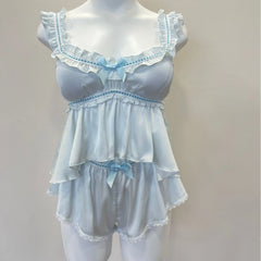 Satin Ruffle Strap Babydoll Top And Shorts Sleepwear Set