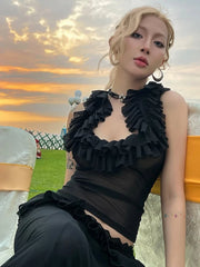 Black Ruffle Low-Neck Tank Top