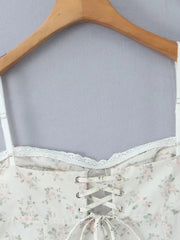 White Floral Print Cami Ruffled Lace Hem Mini Dress