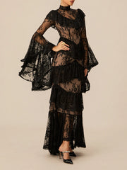 Lace Stand Neck Long Sleeve Patchwork Ruffles Maxi Dress