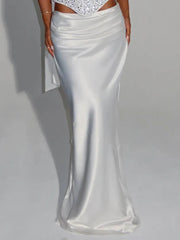 Sequins Scarf Collar Lace Up Corset Top And Satin Maxi Skirt