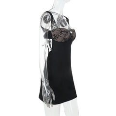Black Lace Patchwork Strap Open Back Mini Dress