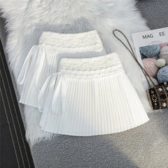White Pleated Embroidered Bow Mini Skirt