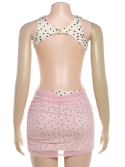 White Polka Dot 3D Applique Pink Ruched Mesh Open Back Bodycon Mini Dress
