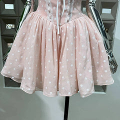 Polka Dot Corset Spaghetti Strap 3D Flower Flared Mini Dress