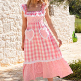 Pink Plaid Patchwork Ruffle Maxi Dress